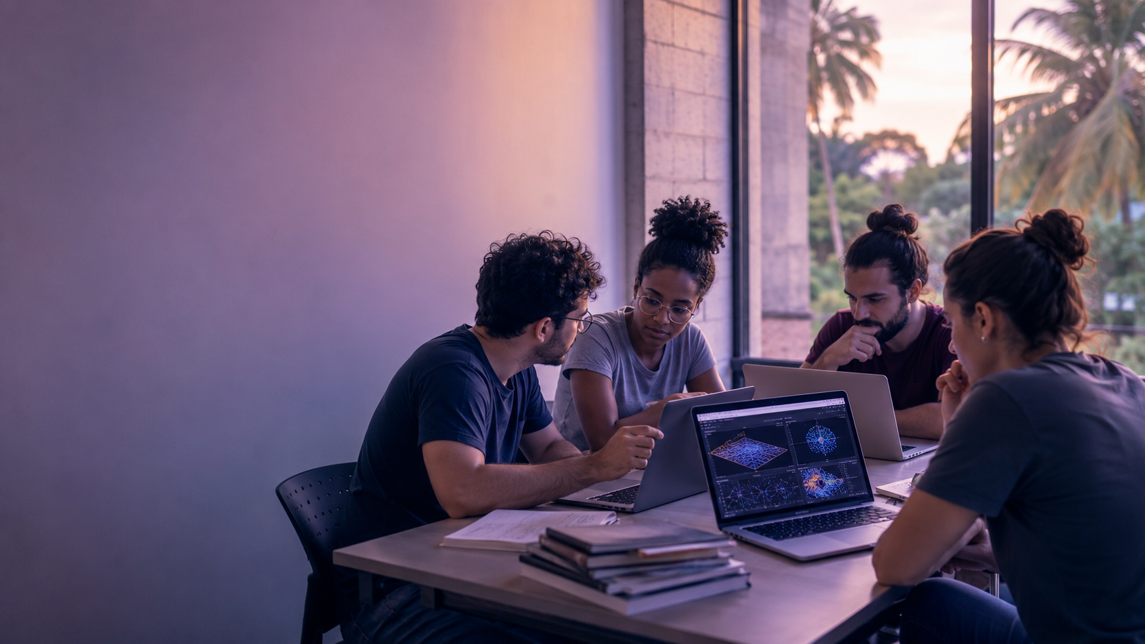 Grupo de estudantes de pós-graduação analisando juntos gráficos de simulação computacional em laptops